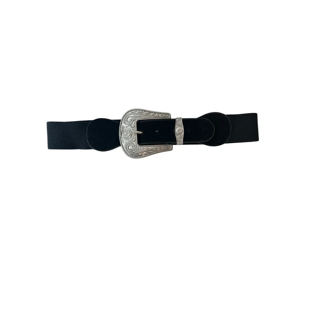 ASOS Belt Womens Small Médium Black West‎ Silver Plated Buckle Cowgirl Elastic